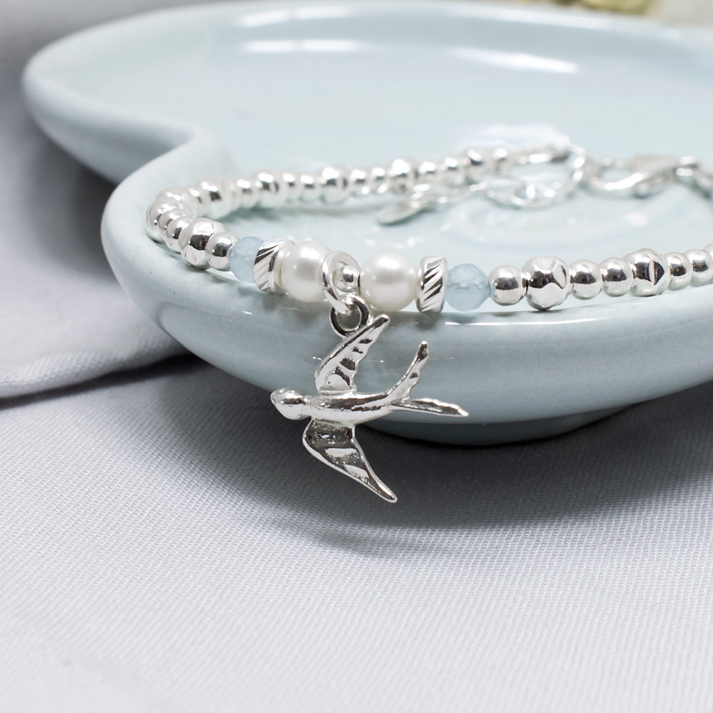 Swallow Bracelet with Aquamarine and Pearl