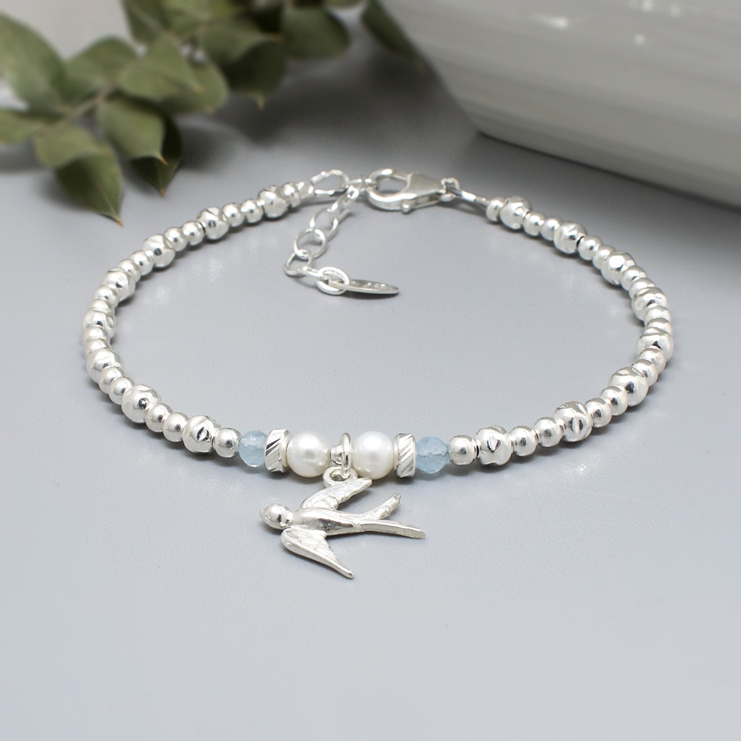 Swallow Bracelet with Aquamarine and Pearl