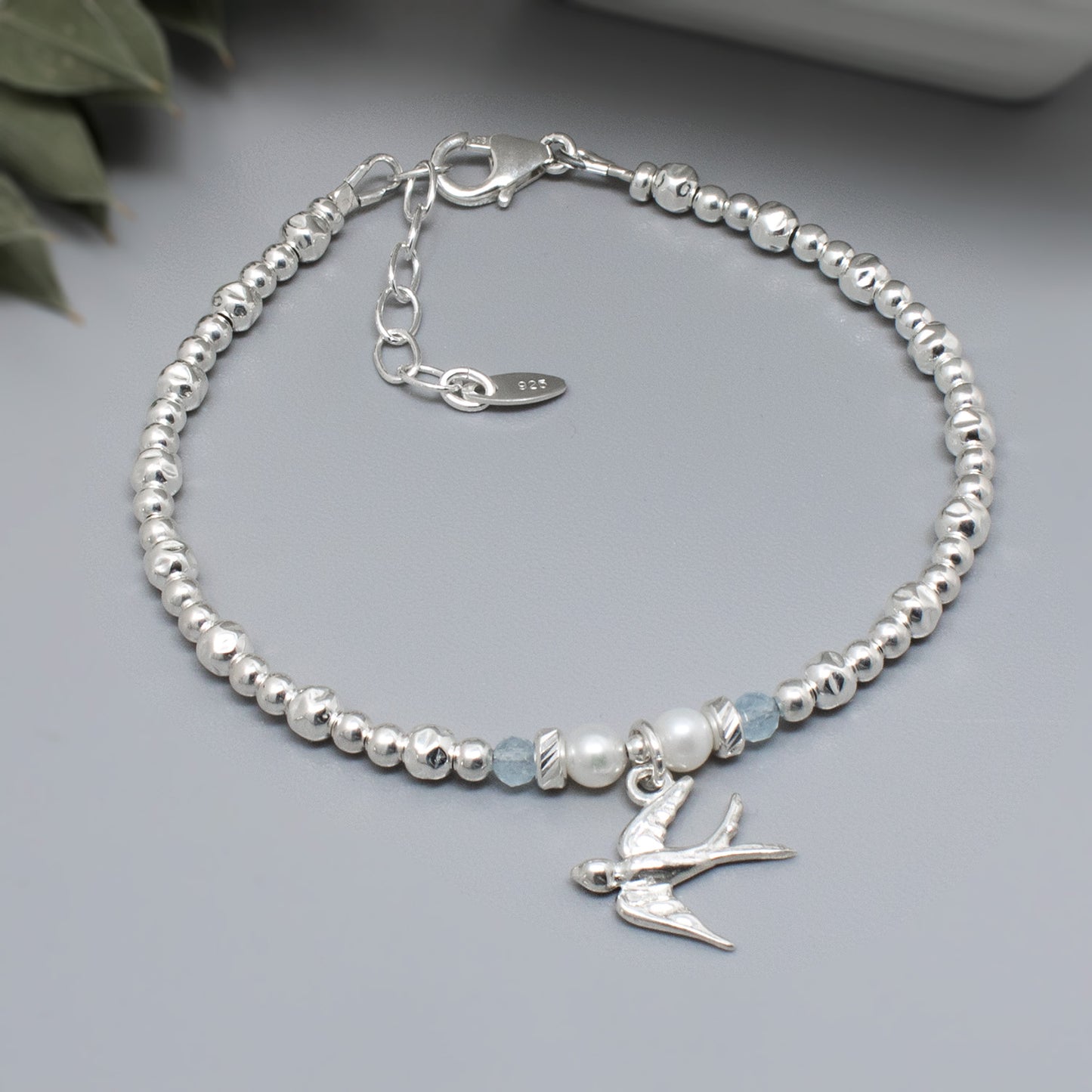 Swallow Bracelet with Aquamarine and Pearl