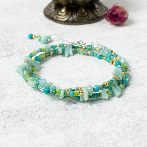 Beaded Gemstone Wrap Bracelet with Amazonite and Turquoise