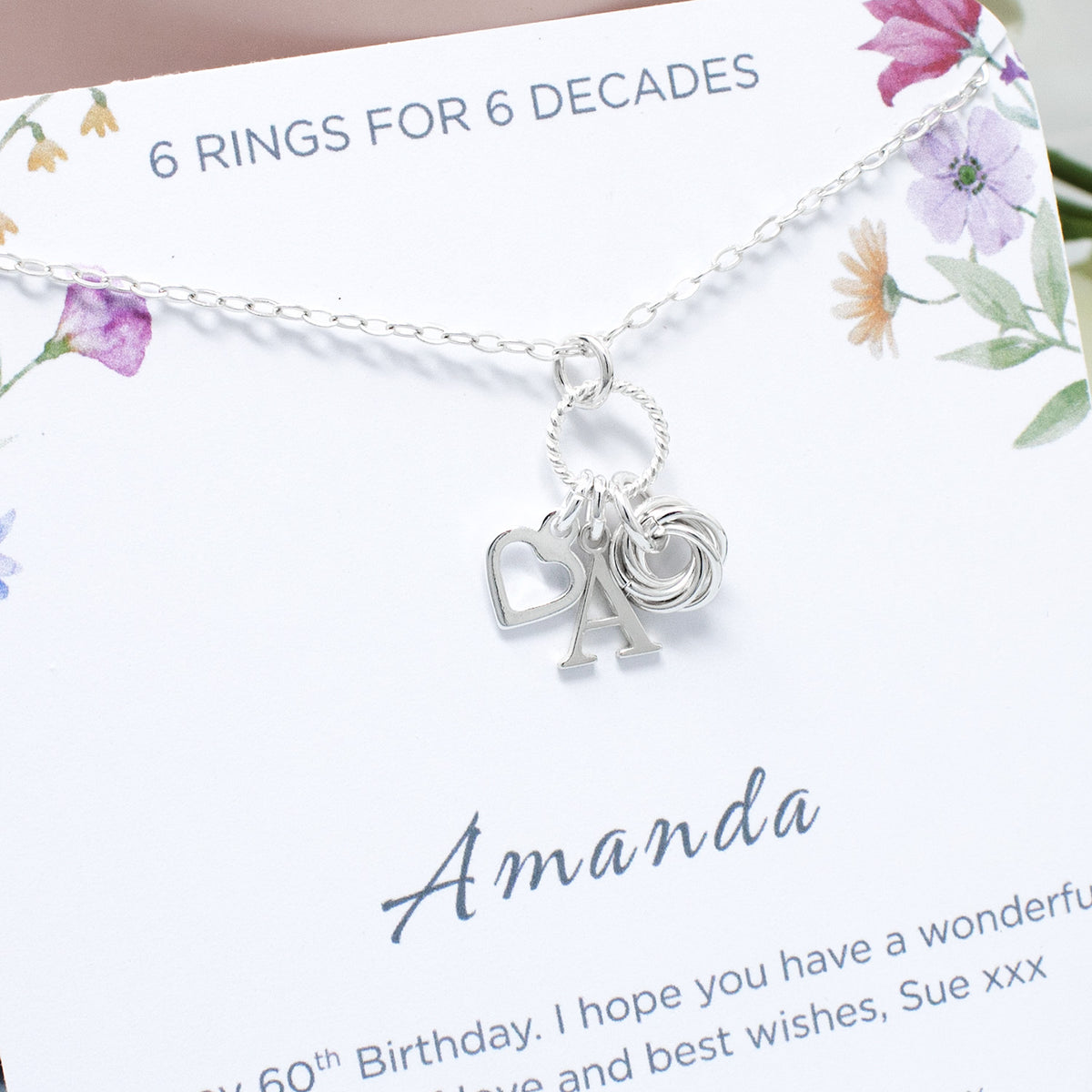 Personalised 60th Birthday Rings Necklace Sterling Silver