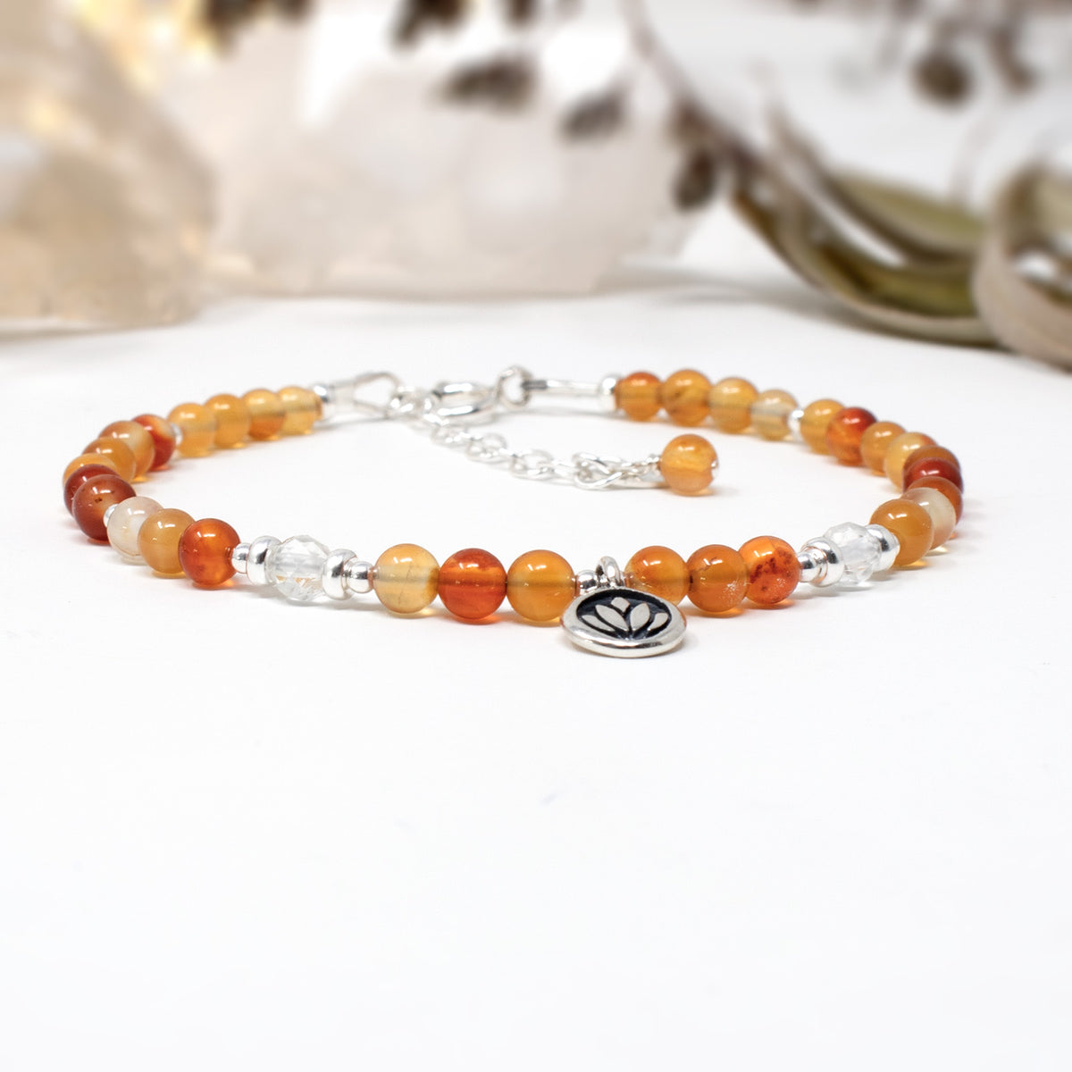 Carnelian & Lotus Flower Sterling Silver Bracelet