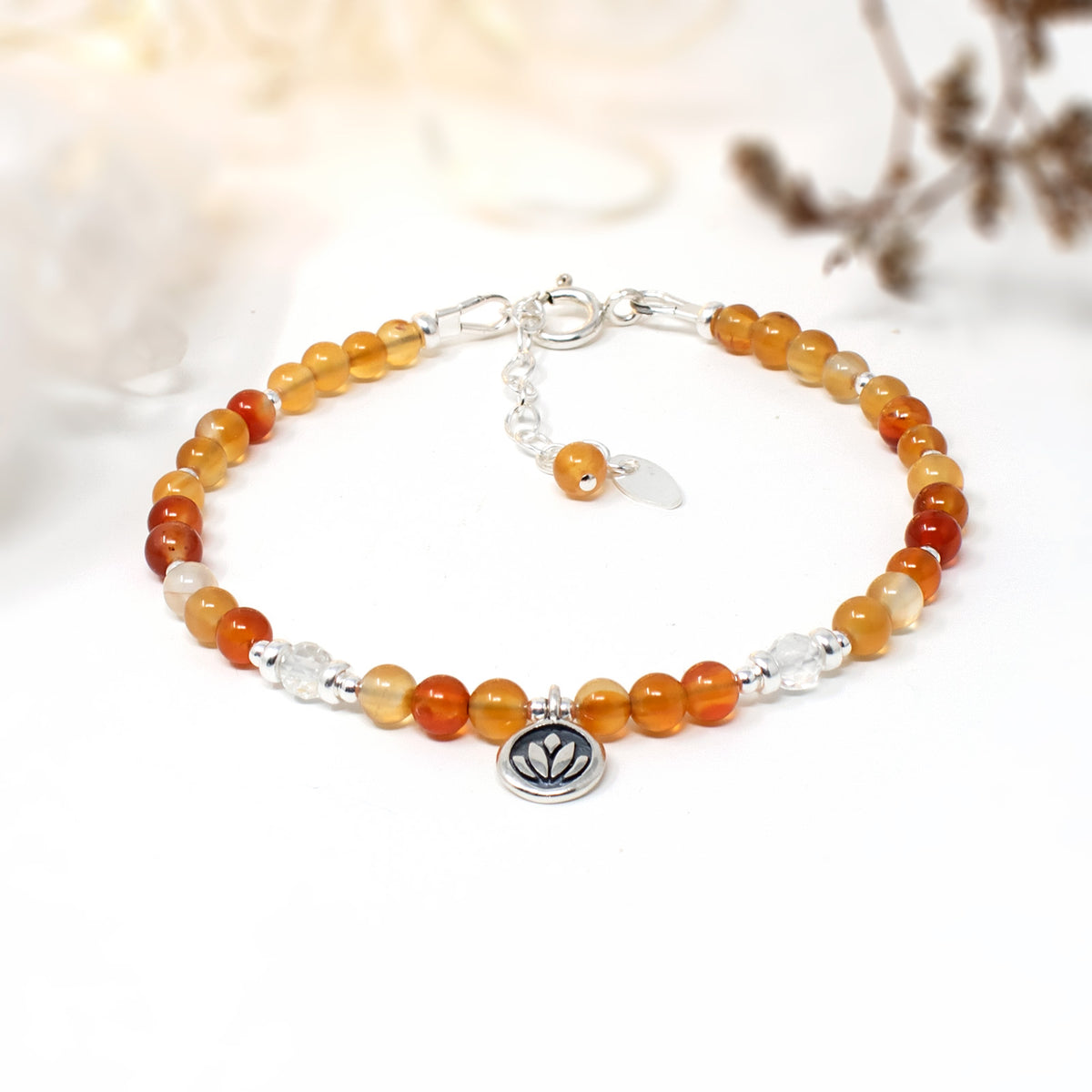 Carnelian & Lotus Flower Sterling Silver Bracelet