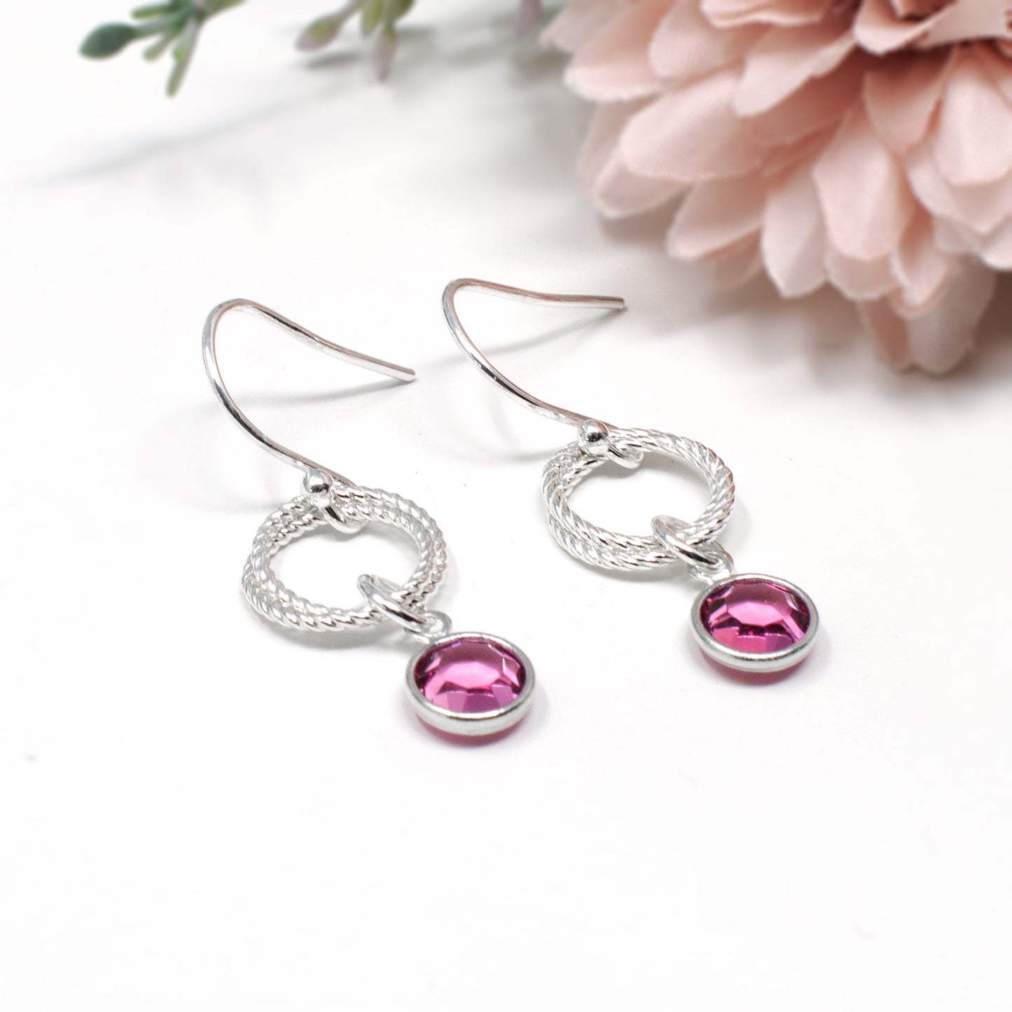 Linked Circle Birthstone Earrings Sterling Silver