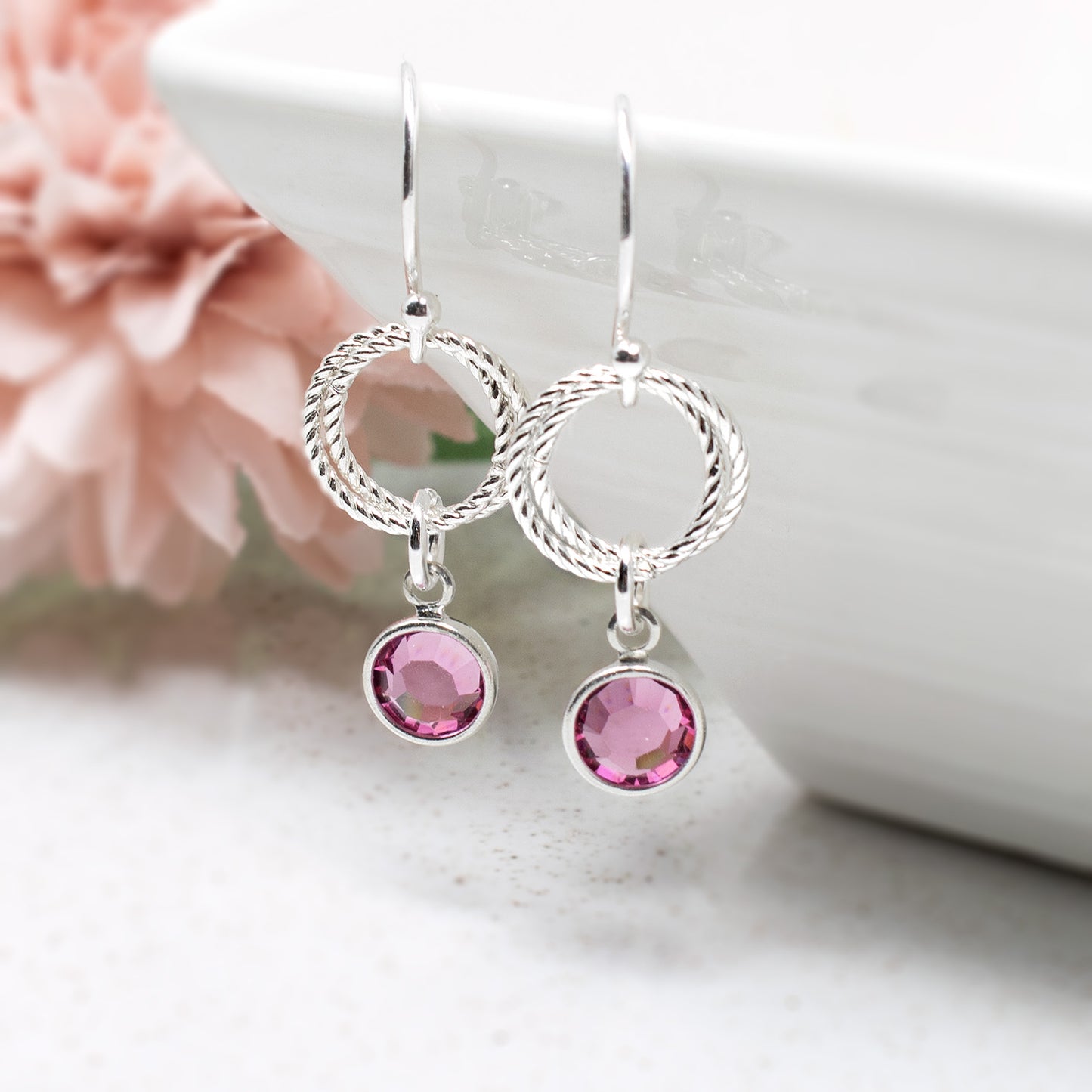 Linked Circle Birthstone Earrings Sterling Silver