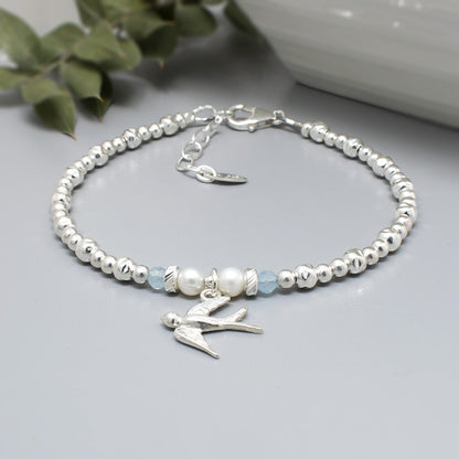 Swallow Bracelet with Aquamarine and Pearl