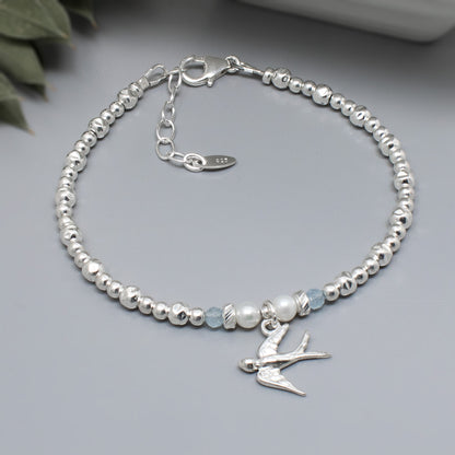 Swallow Bracelet with Aquamarine and Pearl
