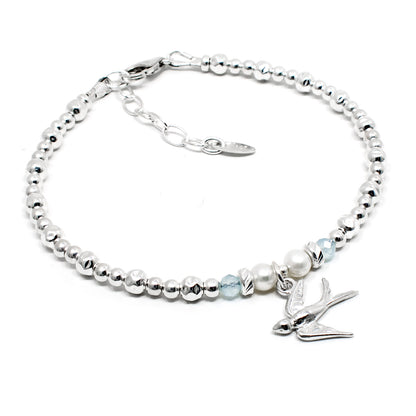 Swallow Bracelet with Aquamarine and Pearl