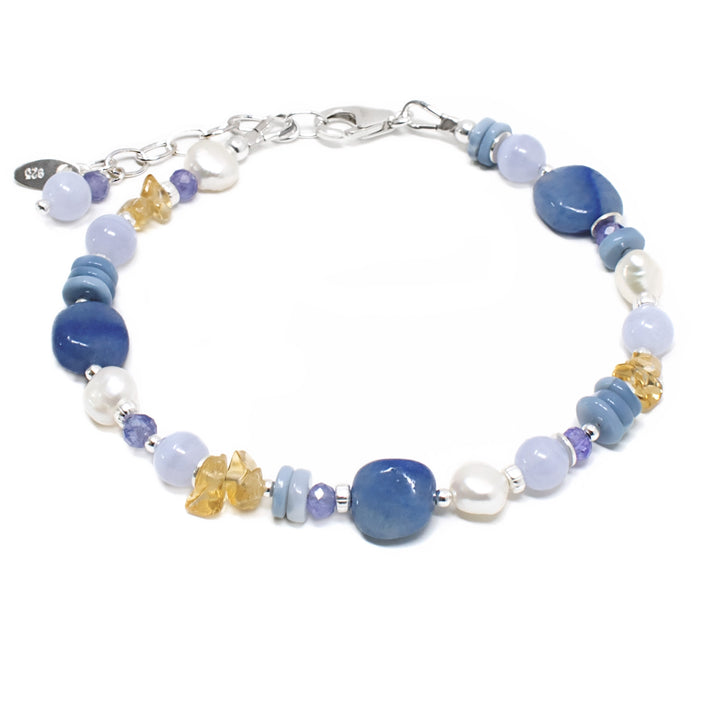 Designer handmade bracelet with gemstone beads in forget me not blue