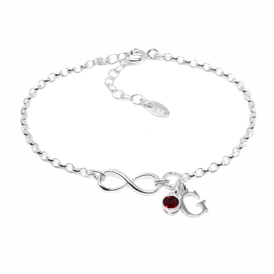 Personalised Infinity Bracelet with Birthstone & Initial | 925 Sterling Silver