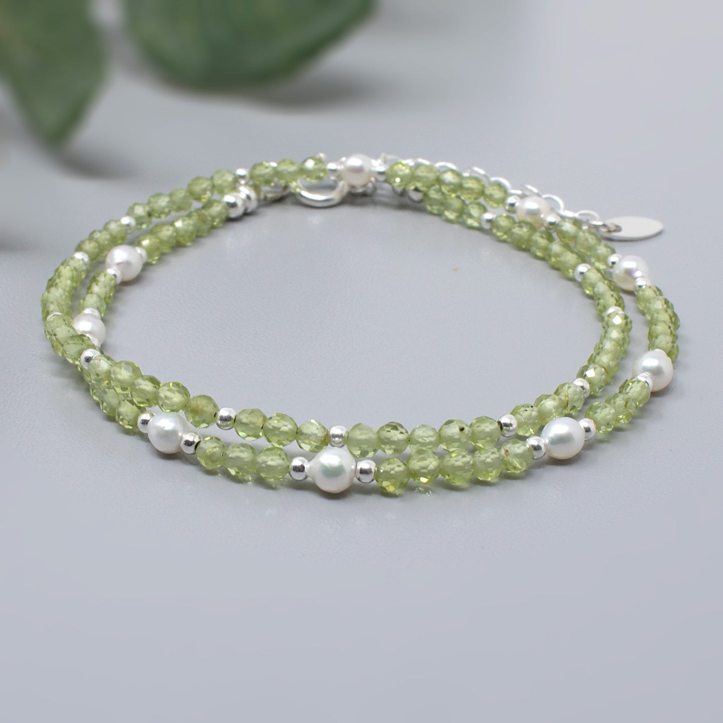Sparkling Peridot & Pearl Double Wrap Bracelet