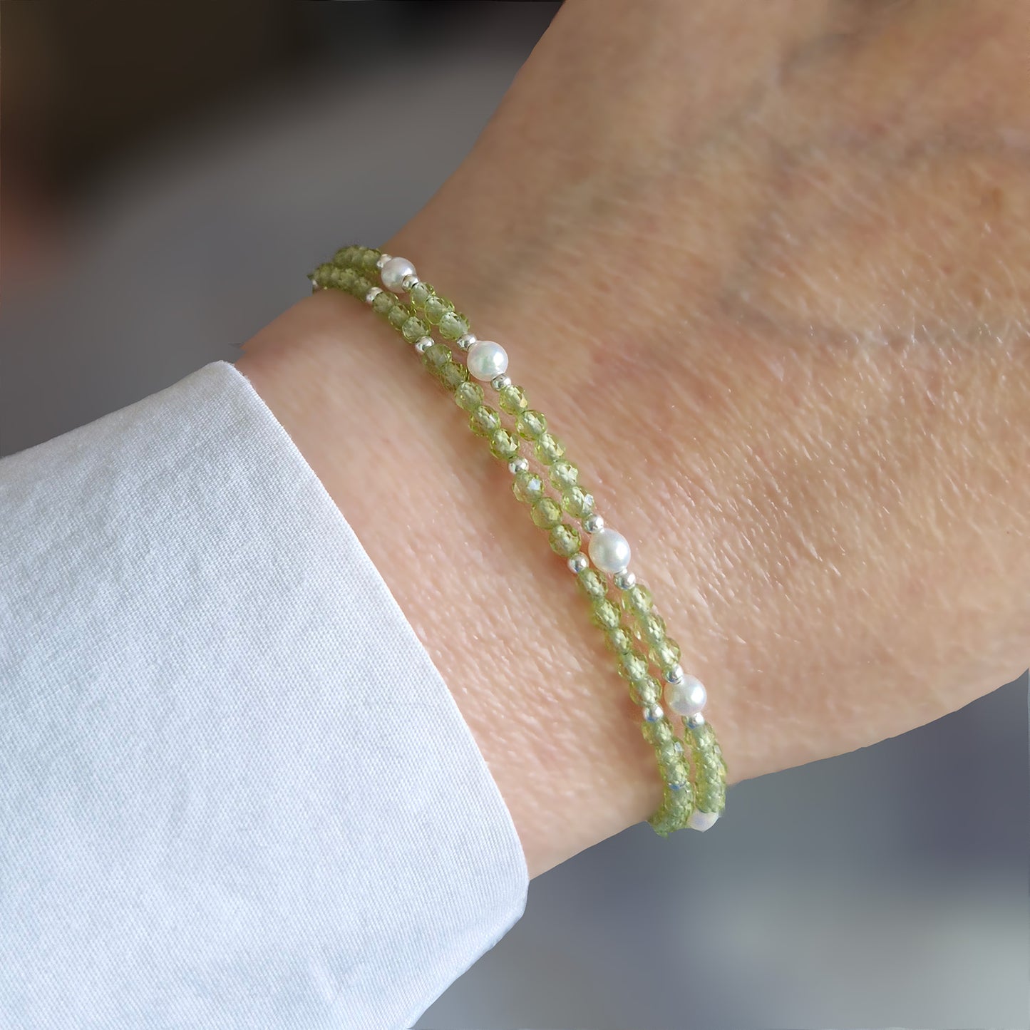 Sparkling Peridot & Pearl Double Wrap Bracelet