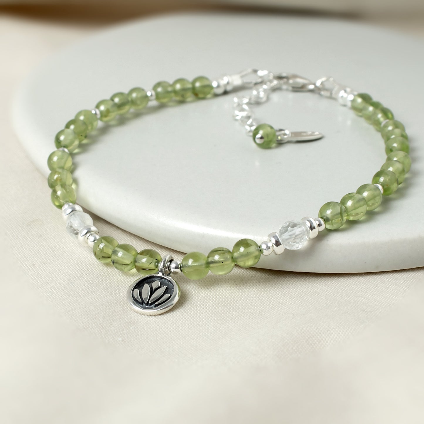 Peridot & Lotus Flower Sterling Silver Bracelet