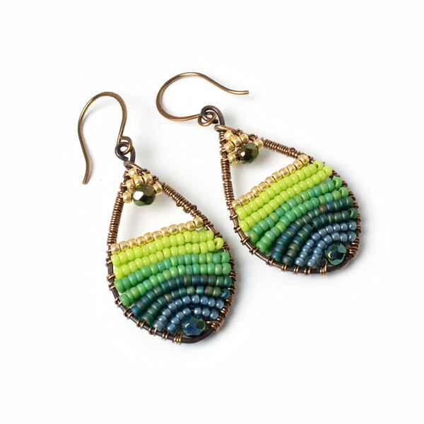 Phoebe Teardrop Bead Woven Earrings in Chartruese and Emerald