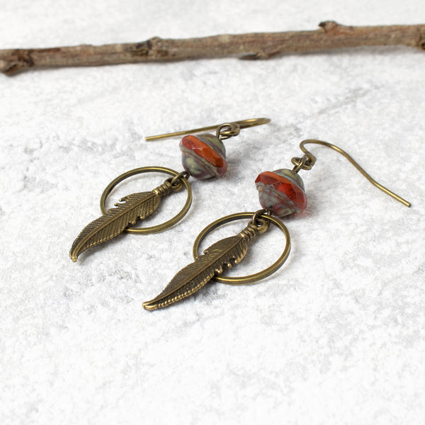 Boho Feather Earrings with Red Glass