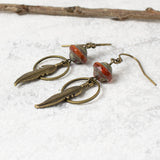 Boho Feather Earrings with Red Glass