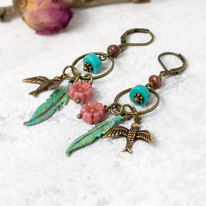 Little Bird & Feather Whimsical Earrings with Turquoise