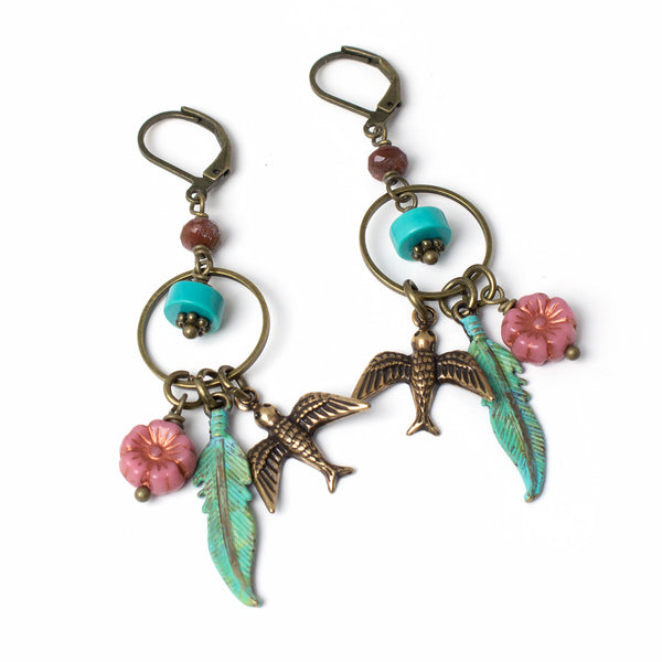 Little Bird & Feather Whimsical Earrings with Turquoise