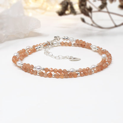 Sunstone & Pearl Double Wrap Bracelet