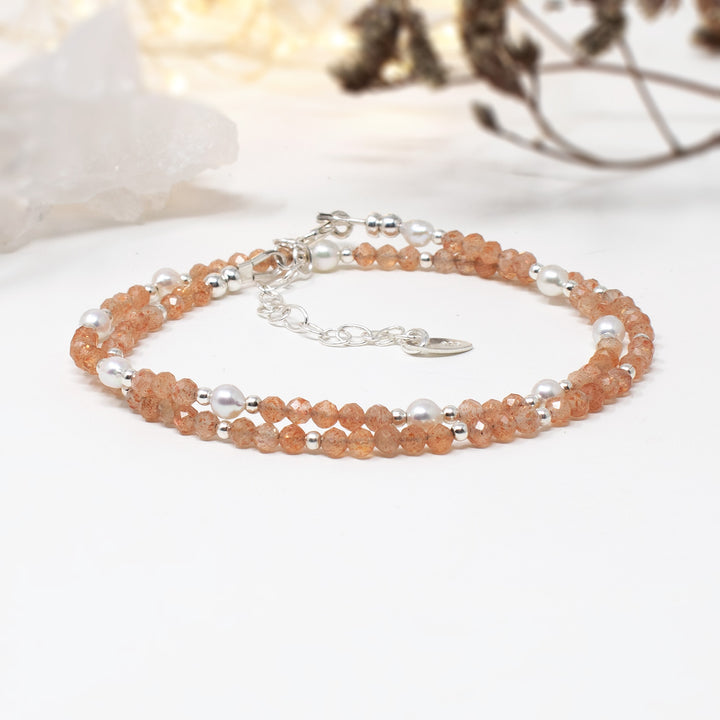 Sunstone & Pearl Double Wrap Bracelet