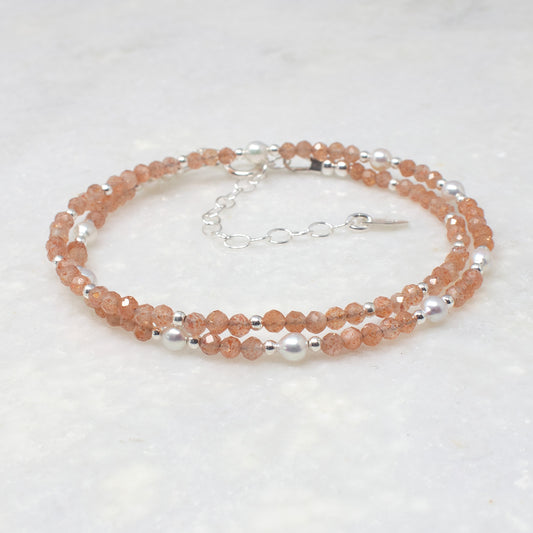 Sunstone & Pearl Double Wrap Bracelet