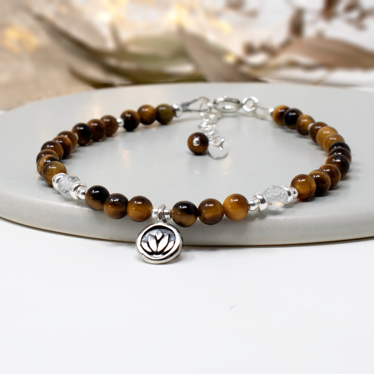 Tiger's Eye & Lotus Flower Sterling Silver Bracelet
