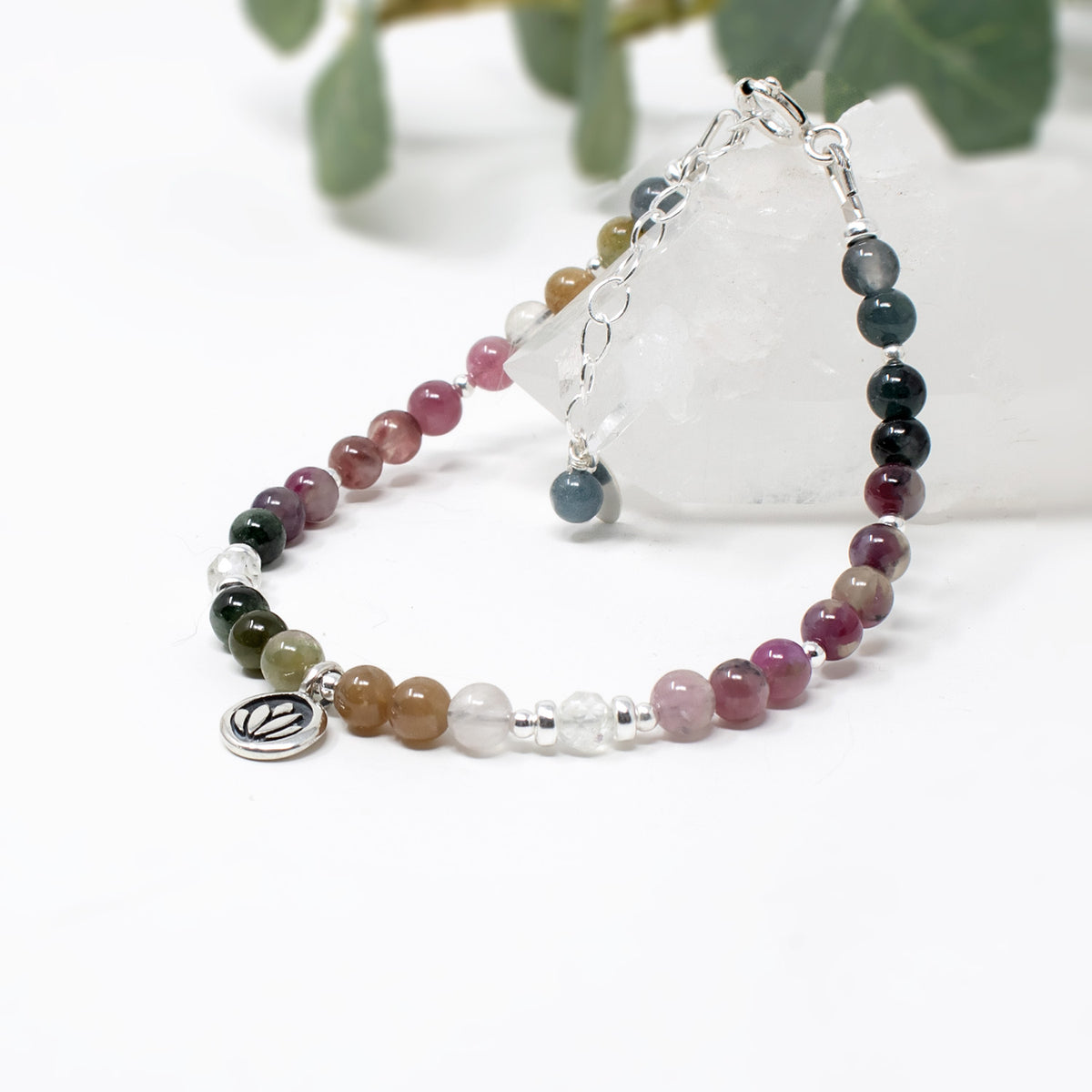 Tourmaline & Lotus Flower Sterling Silver Bracelet