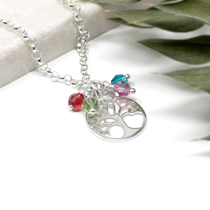 sterling silver charm bracelet with tree of life and family crytsal birthstones