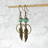 Boho Feather Earrings with Turquoise Glass