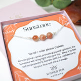 Handmade sunstone necklace with a bar of three beads on a sterling silver or 14ct gold filled chain