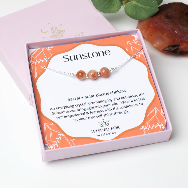 A grade semi precious sunstone necklace in a gift box with presentation card.